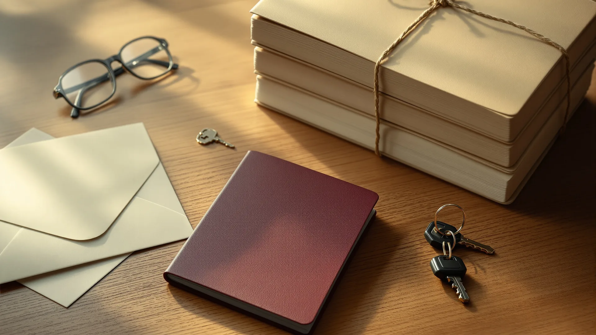 A wooden desk in soft morning light with three stacks of legal folders, a passport, house keys and an unopened envelope, seen from above.