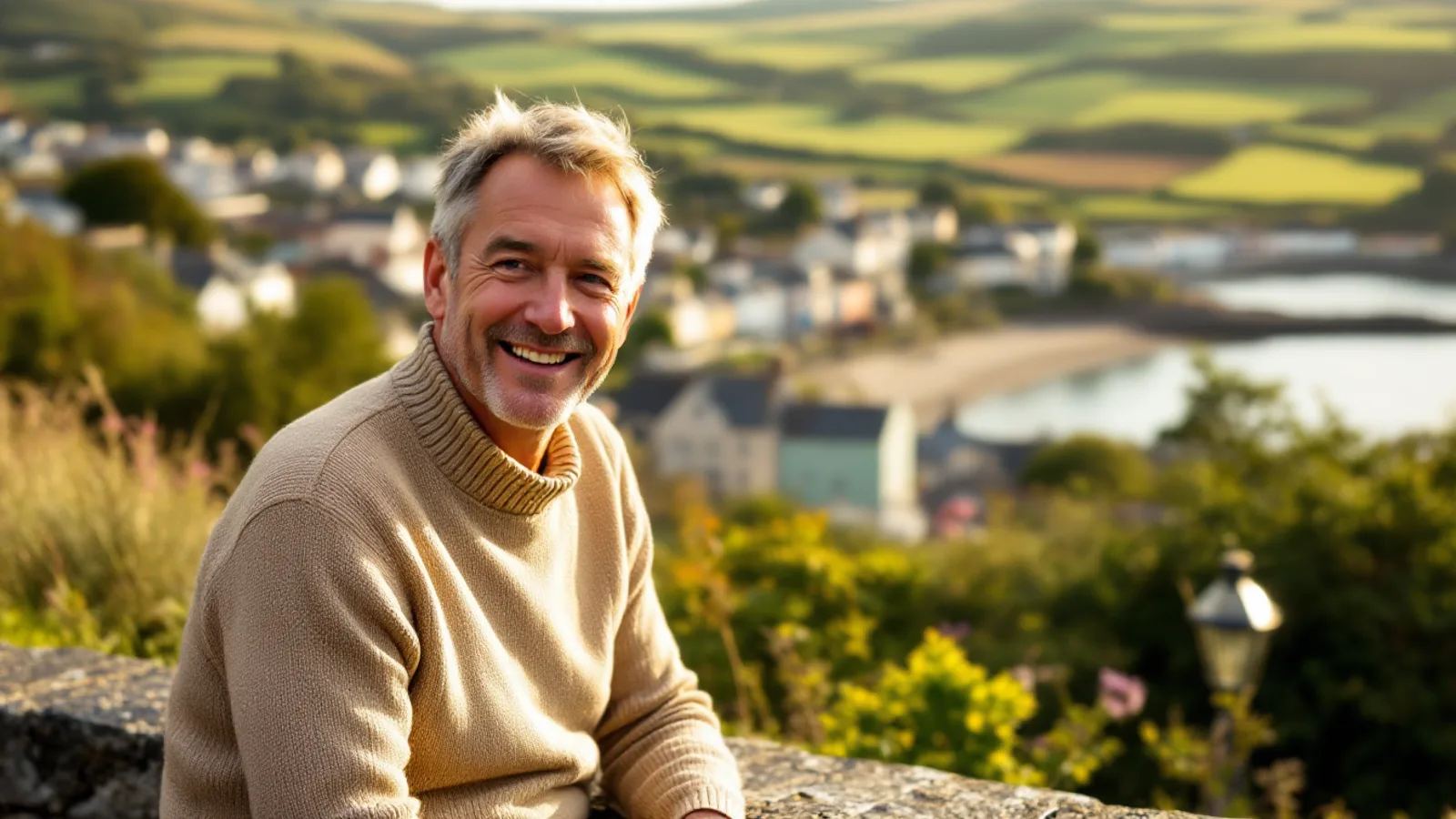 A smiling man sitting on a stone wall above the colourful rooftops of an Irish coastal town and a calm bay in warm light