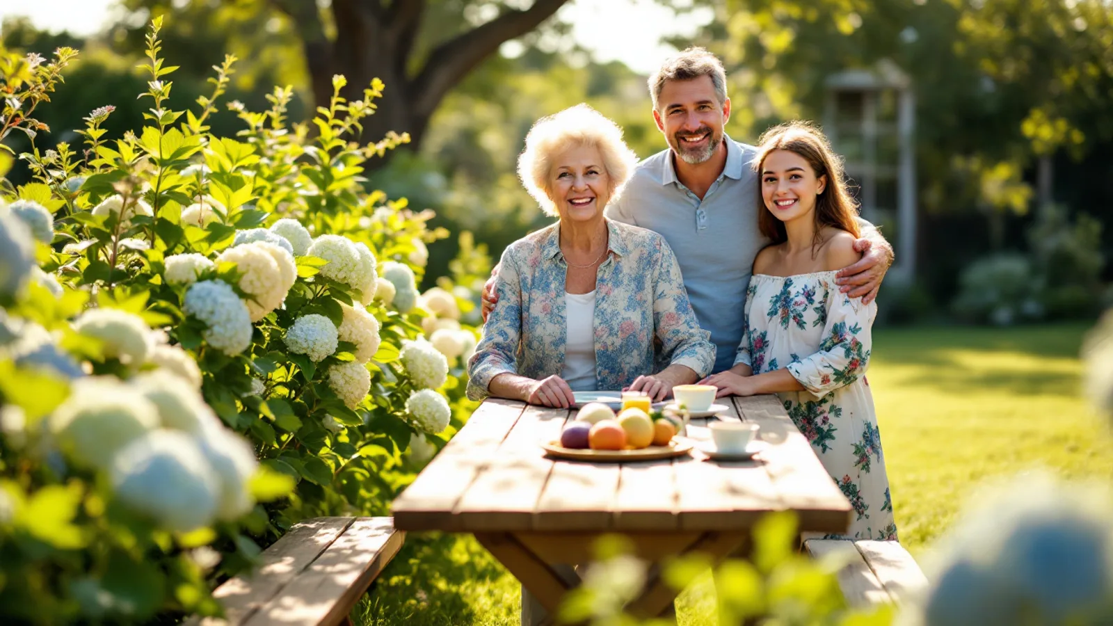 Three generations of a family smile together at a wooden table in a sunny Irish country garden with hydrangeas.
