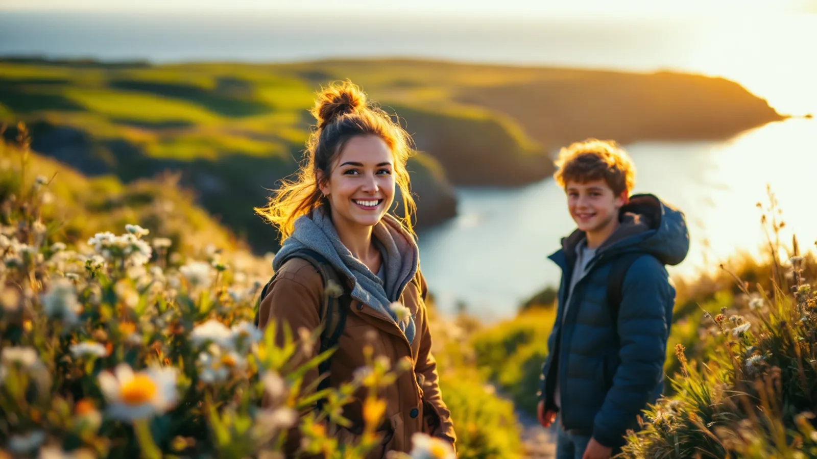 Family of four smiling on a green coastal path in the west of Ireland in warm evening light