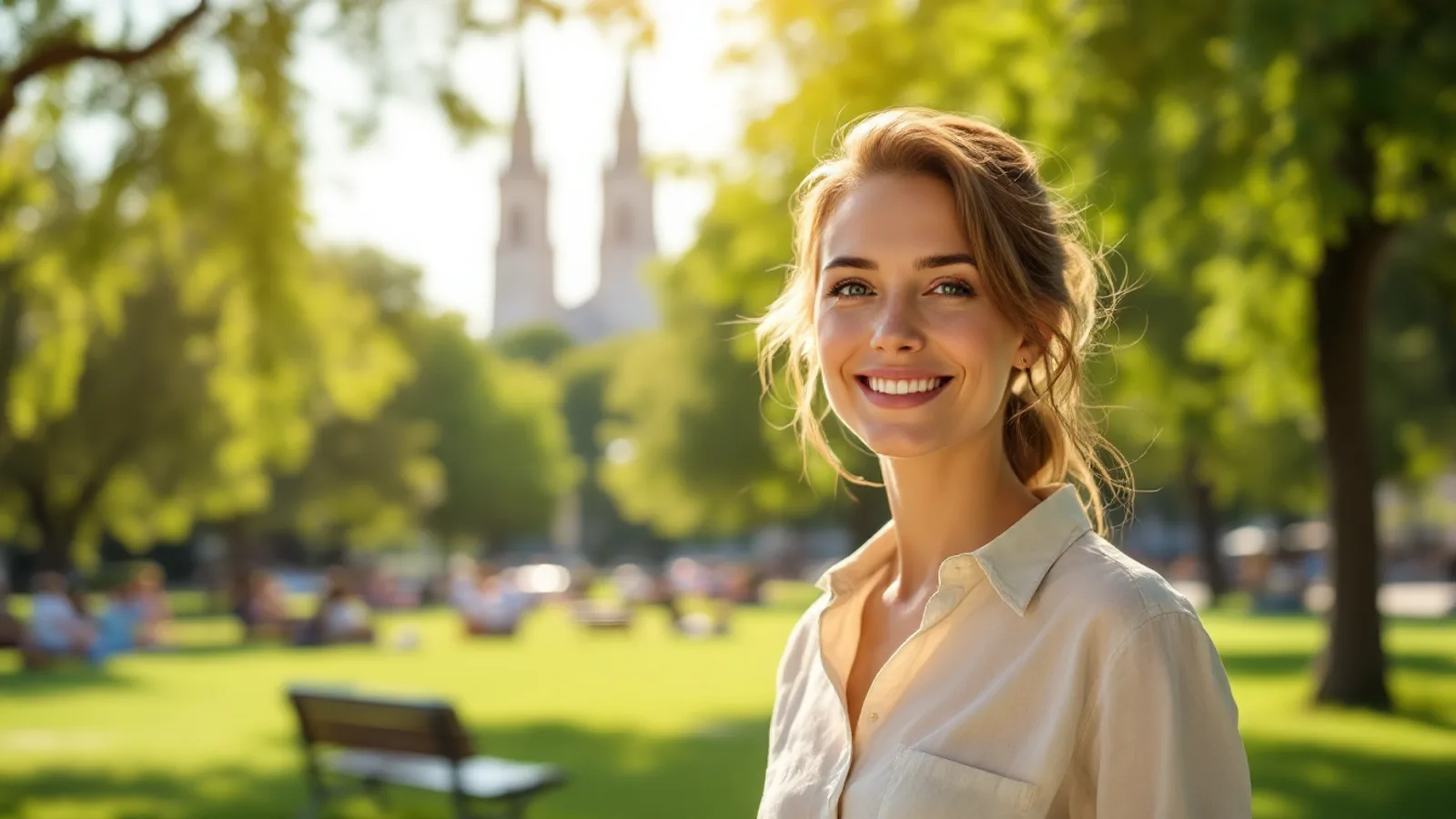 A woman on a rooftop terrace above the red roofs and church towers of a Baltic old town in warm evening light
