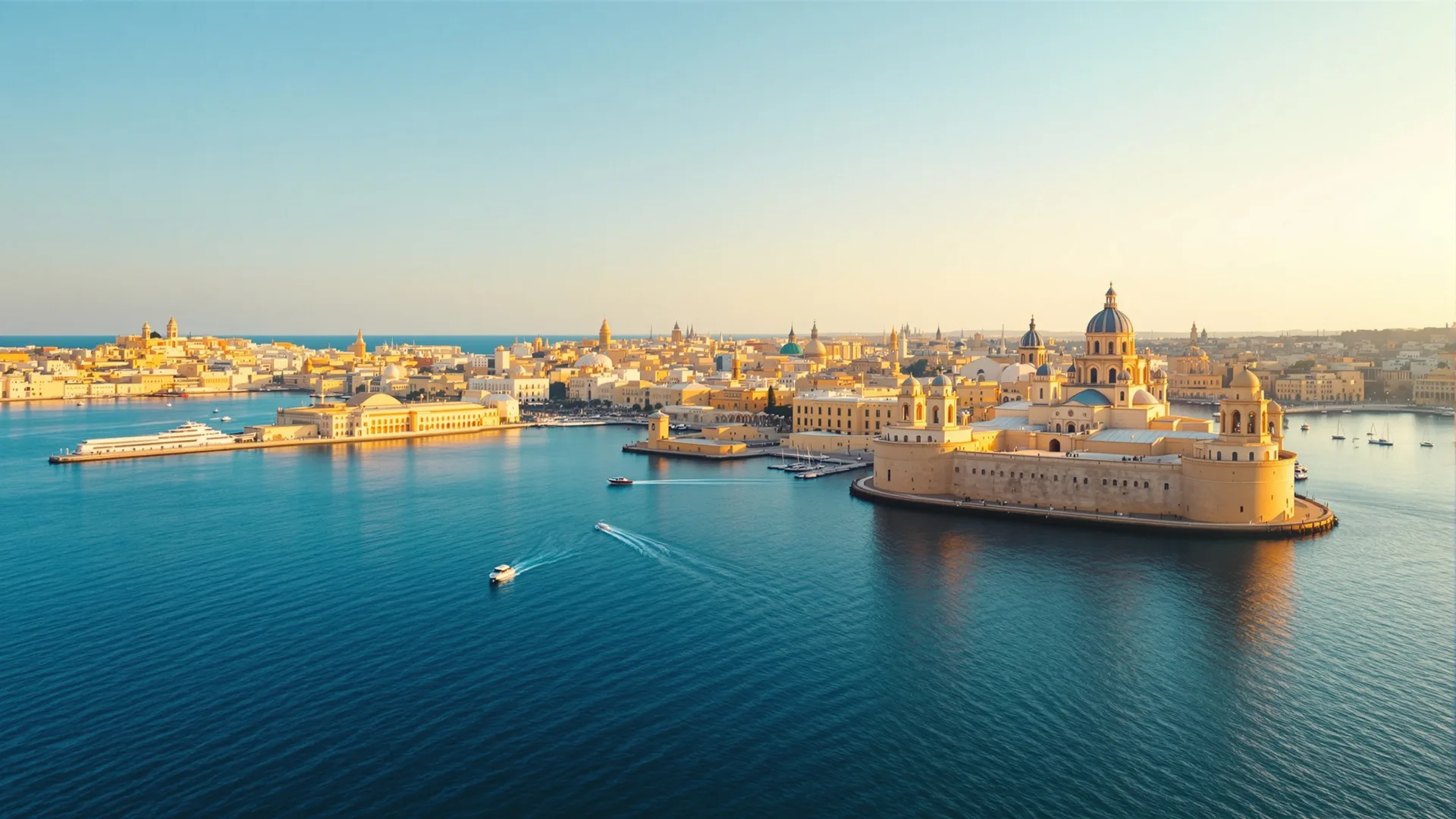Valletta seen across the Grand Harbour in warm afternoon light, honey-coloured limestone bastions and church domes above deep blue Mediterranean water. Wide landscape format.