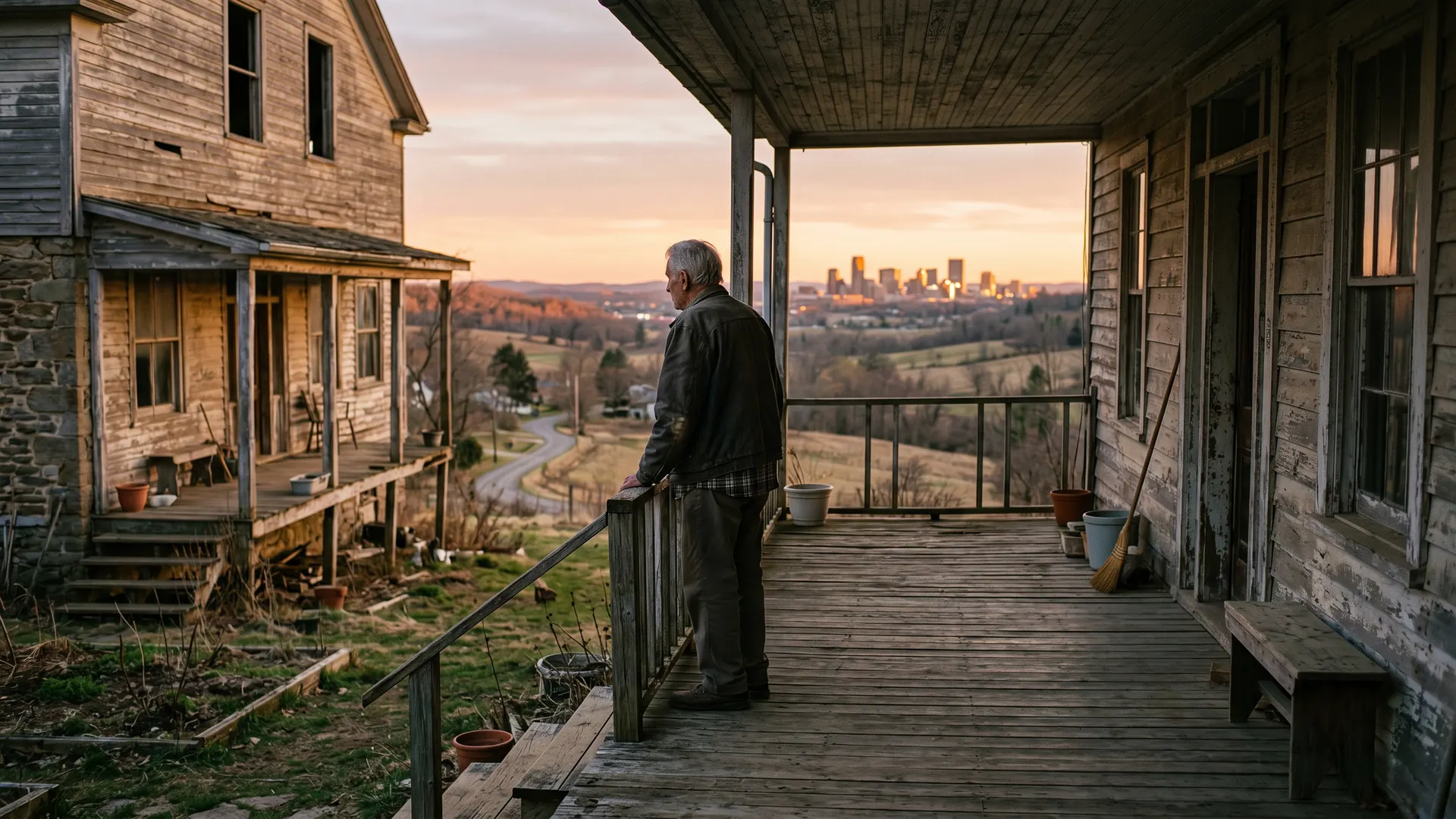 An elderly man stands alone on the porch of a large weathered house in a near-empty village at golden hour, with a distant lit city glowing on the horizon.