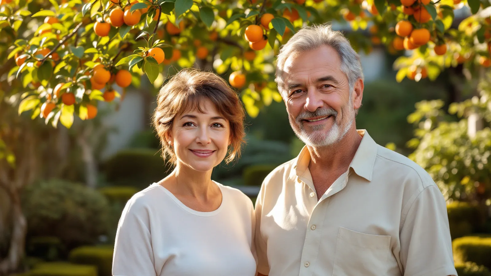 A couple standing on a leafy residential lane in a Japanese suburb in warm morning light, looking into the camera