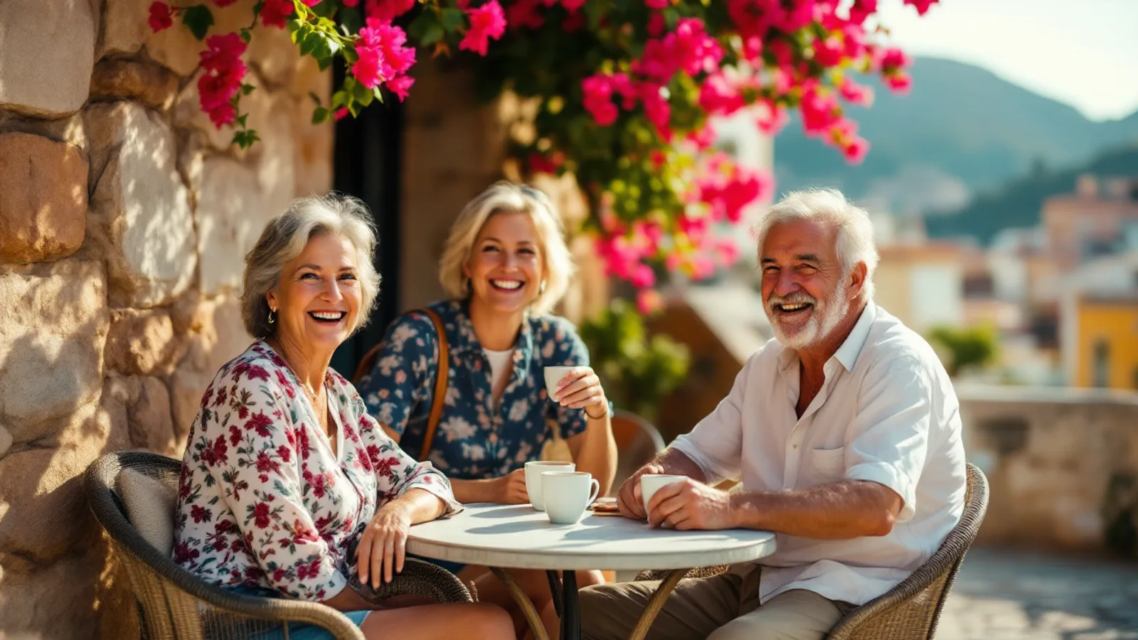 Three people laughing together at a café table on a sunny Mediterranean terrace, looking into the camera
