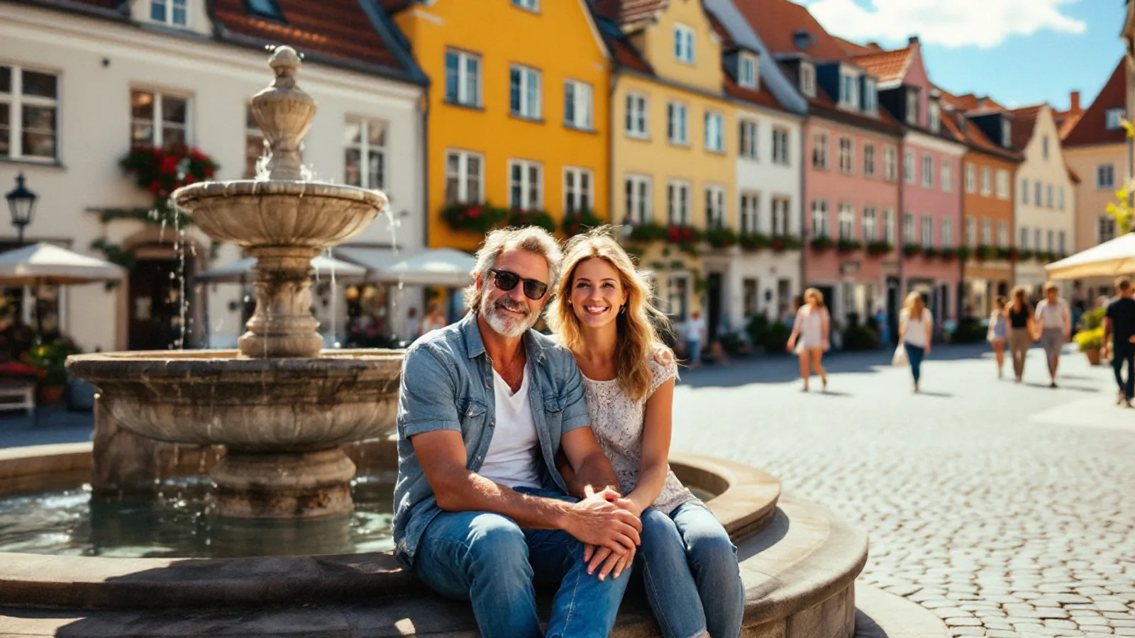 Couple sitting on a fountain in a sunny cobbled square of a Baltic old town