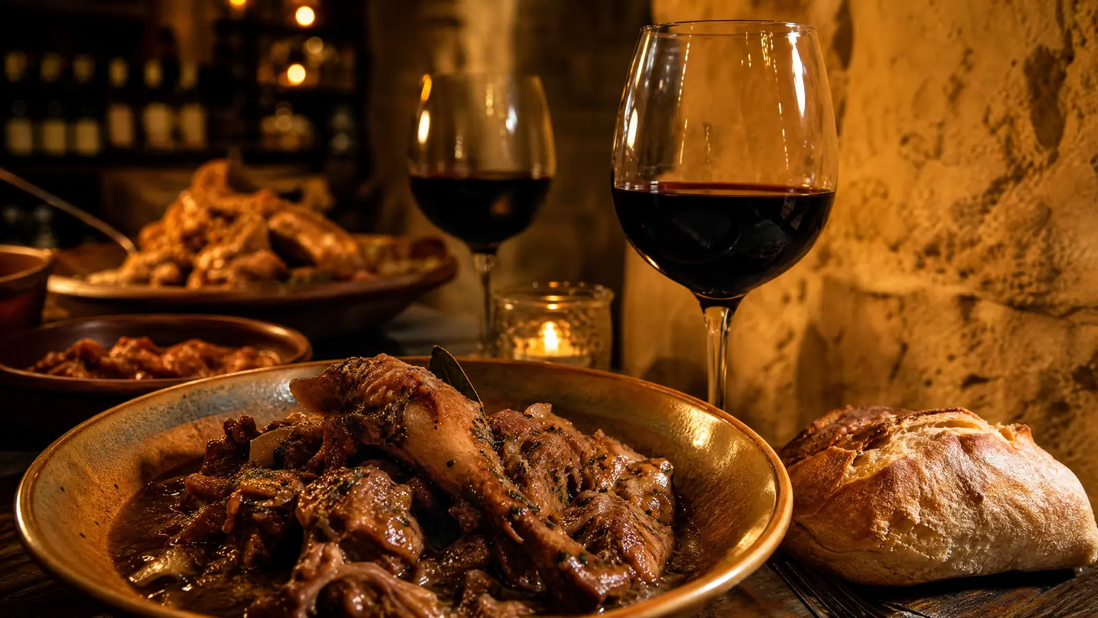 A rustic plate of slow-cooked Maltese rabbit stew with crusty bread and a glass of local red wine in a candlelit Valletta cellar.