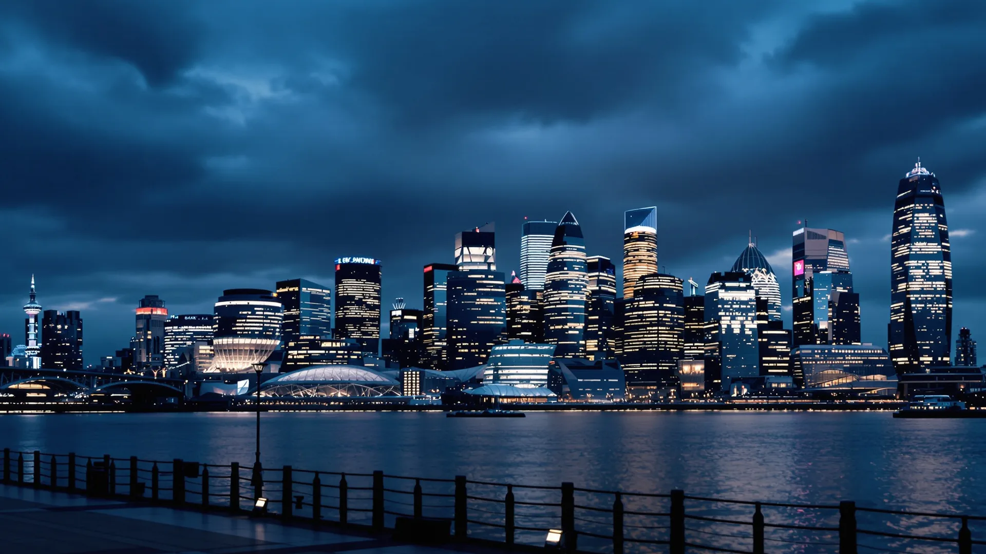 The City of London skyline at dusk seen from the south bank of the Thames, glass towers catching the last light over the river. Wide landscape format.