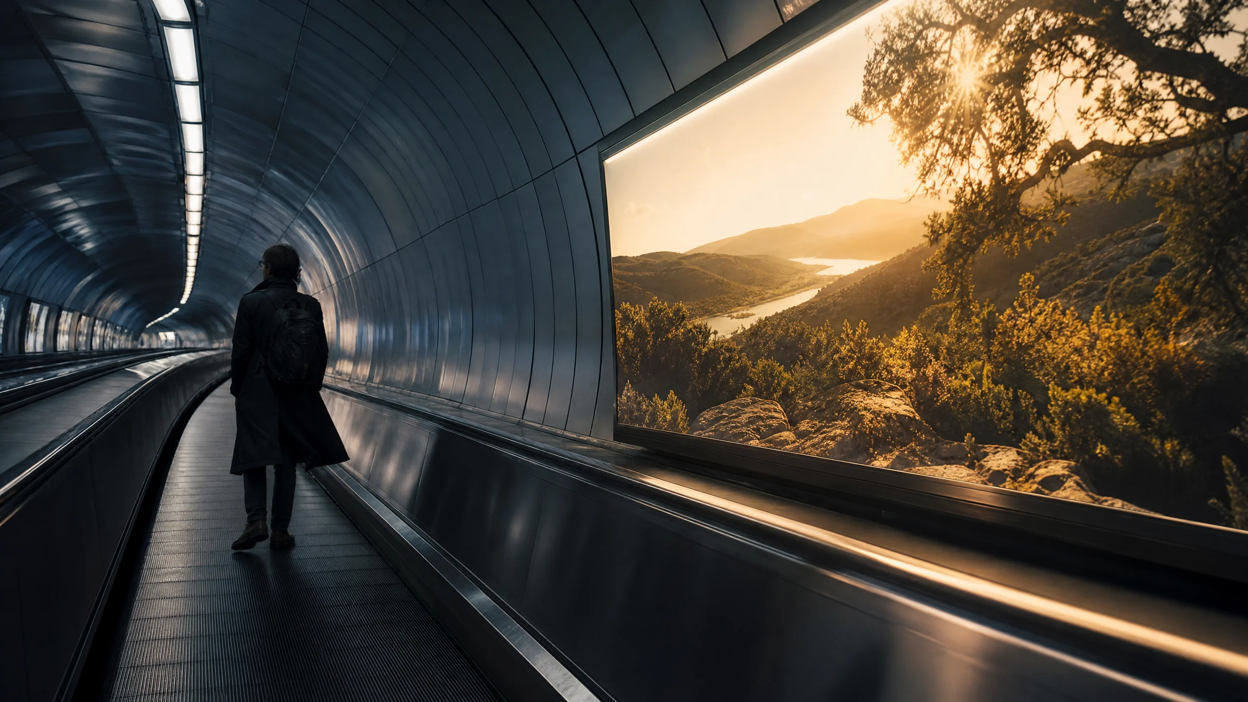 A glowing Texas tourism billboard lighting up the grey wall of a London Underground moving walkway as a lone commuter turns to look.