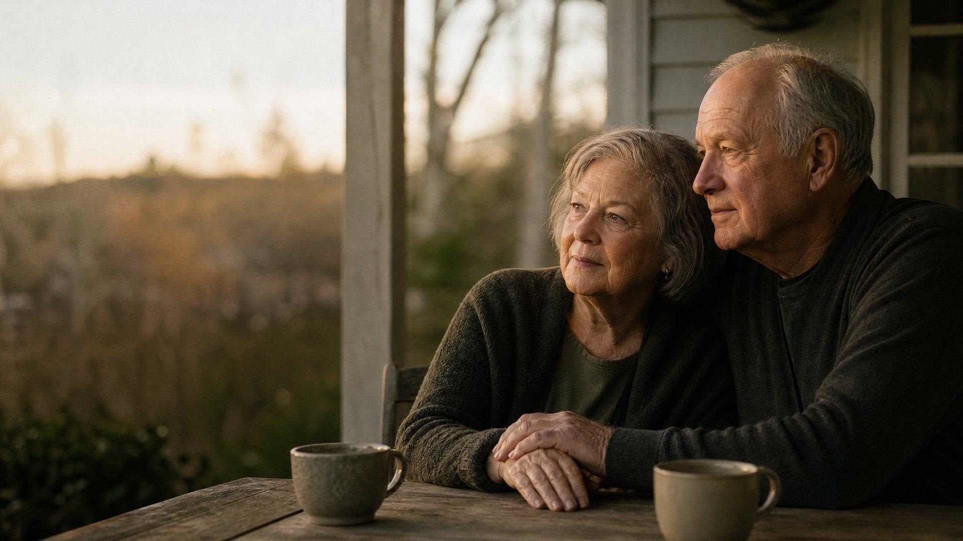 An older couple sitting together with hands clasped, illustrating love as a long-term choice.