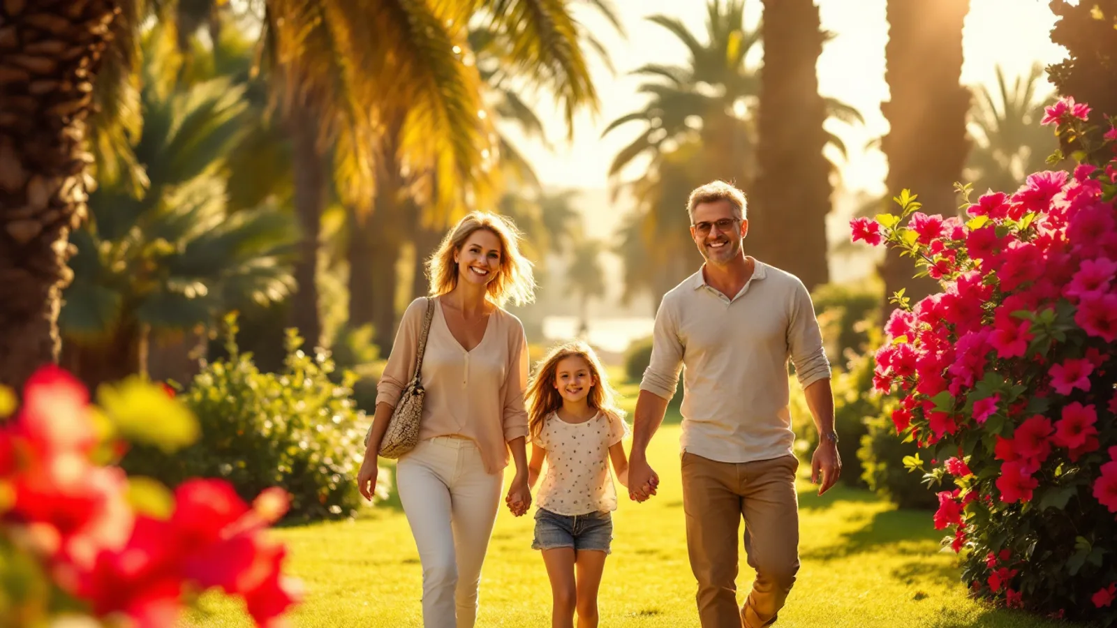 A family of three walking along a sunny palm-lined seaside promenade, smiling into the camera