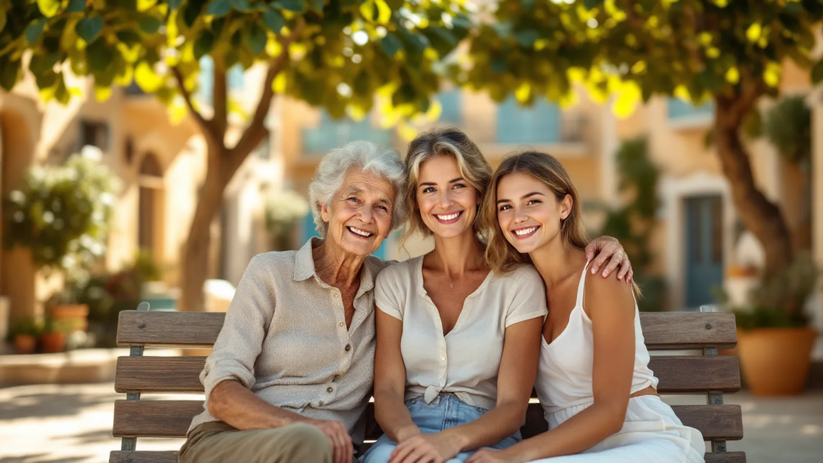 A grandmother, her daughter and her granddaughter smiling together on a bench in a sunny Maltese village square.