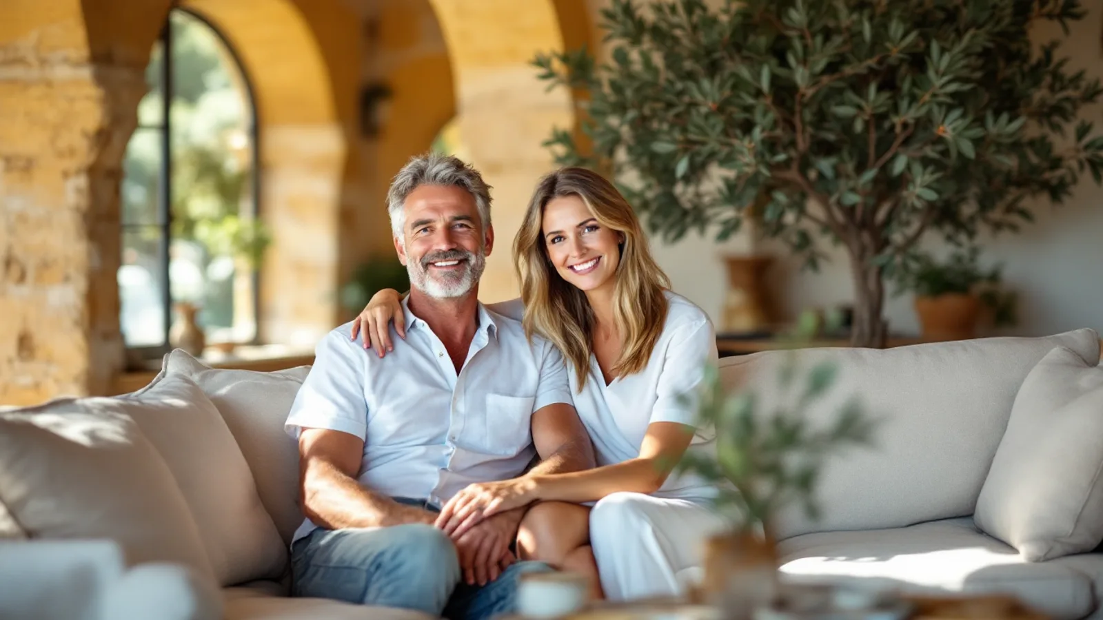 A smiling couple sit on a linen sofa in the bright living room of a restored Maltese farmhouse with limestone arches and a potted olive tree.