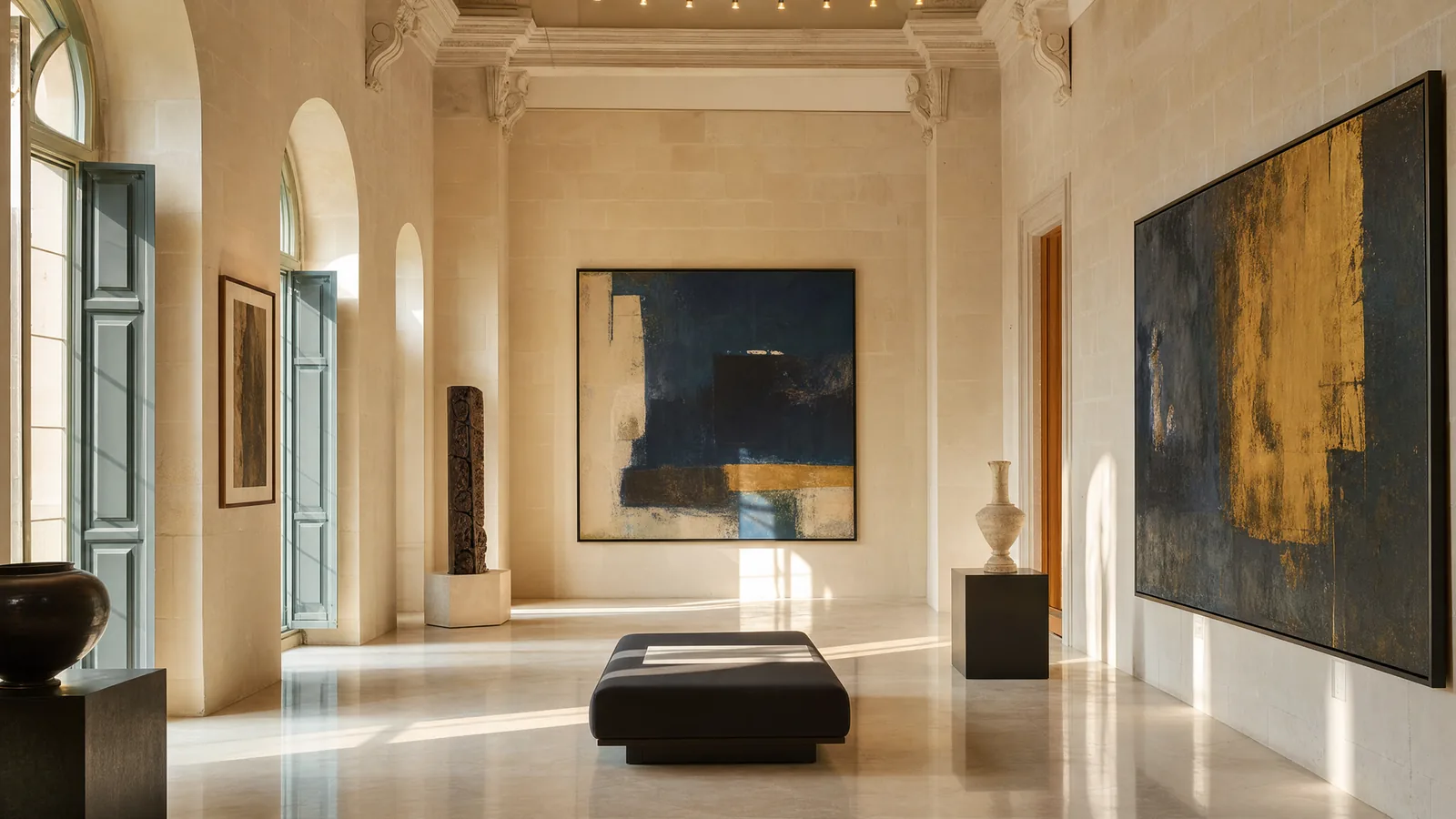 Contemporary art gallery interior with limestone walls and Mediterranean afternoon light, paintings on display, polished stone floor