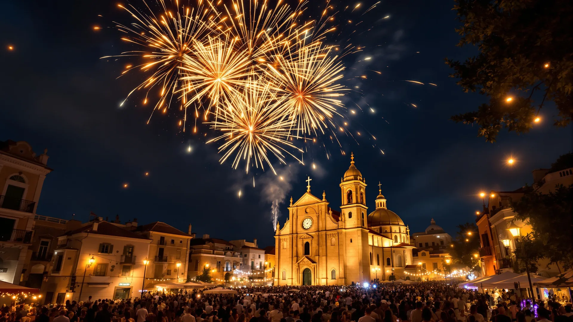Fireworks bursting over a floodlit Maltese parish church at night during a village festa, limestone facade glowing warm against a deep blue evening sky, crowds in the square below