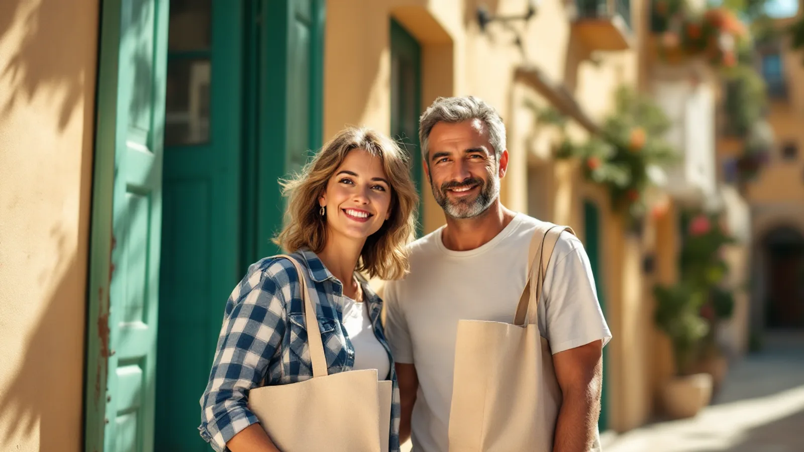 A woman and a man carrying cloth tote bags smile at the camera on a sunny street of honey-coloured Maltese townhouses.