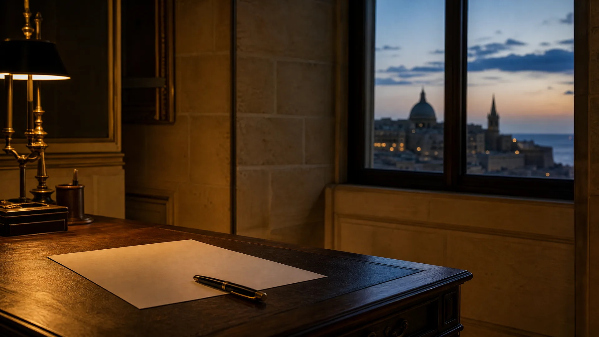 An unsigned legal document and fountain pen on a Maltese government desk at dusk, with Valletta visible through the window.