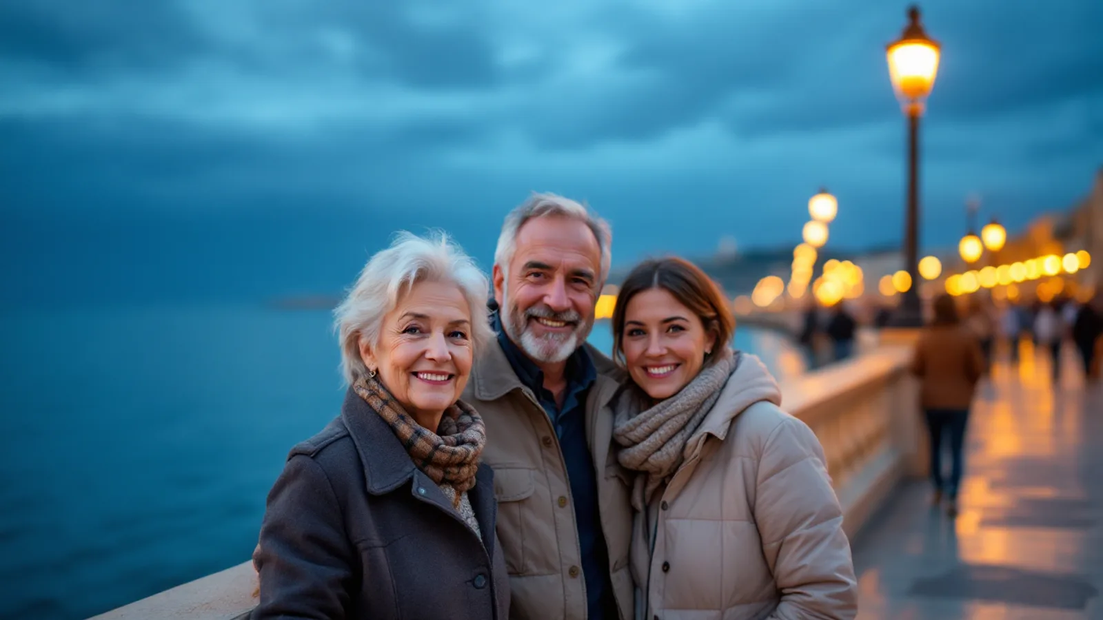 Three smiling friends of different ages stand at a limestone balustrade on a lamp-lit harbour promenade in Malta at dusk.