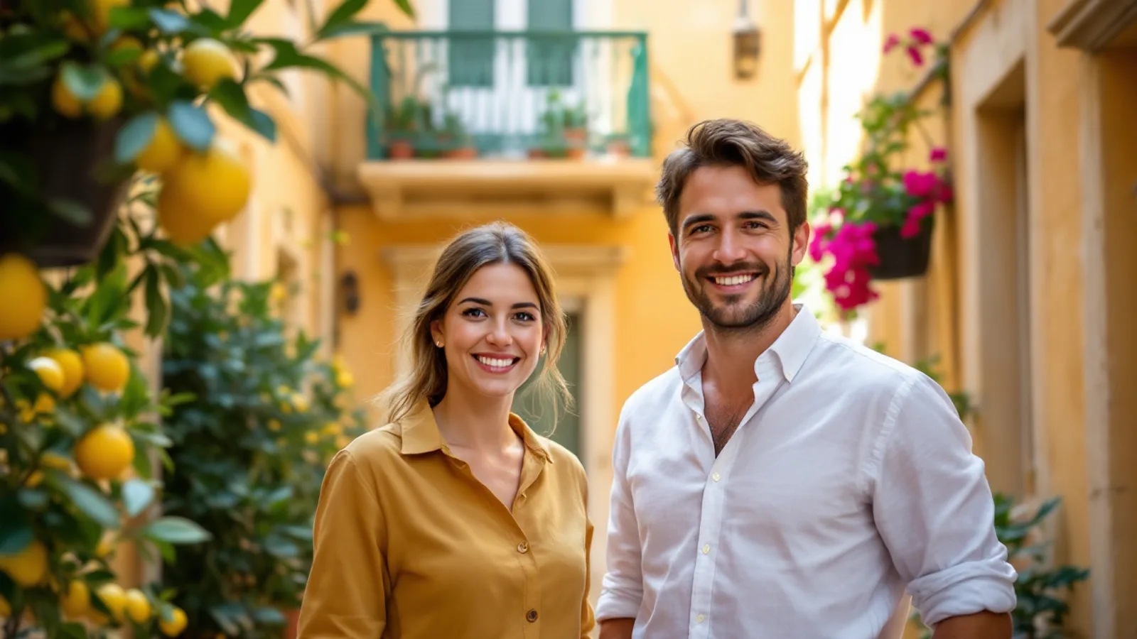 A smiling woman and man stand in a sunlit limestone courtyard with lemon trees, bougainvillea and a green wrought-iron balcony above them.