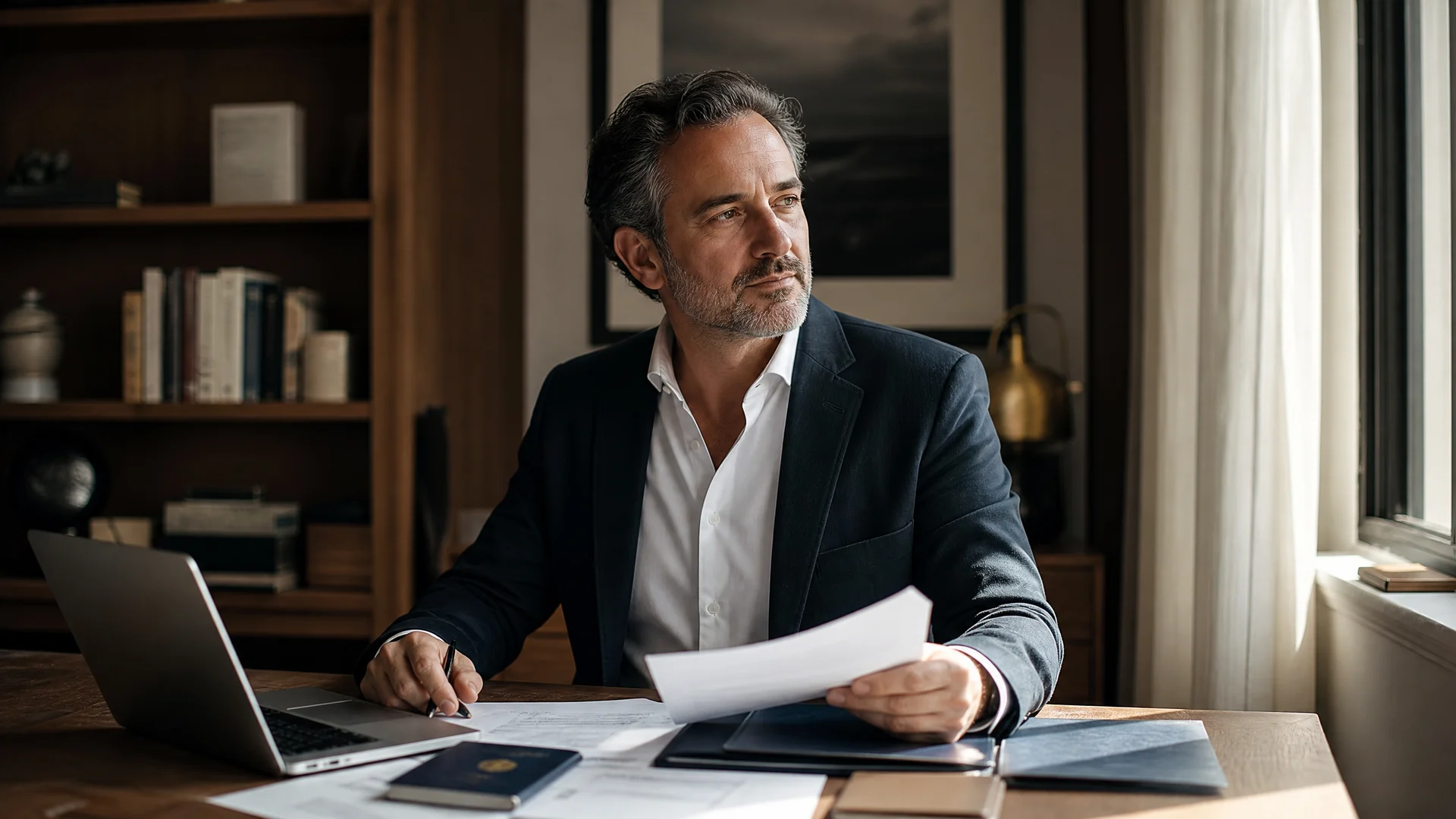 A business owner reviewing relocation and company paperwork at his desk before moving from Malta to the United States