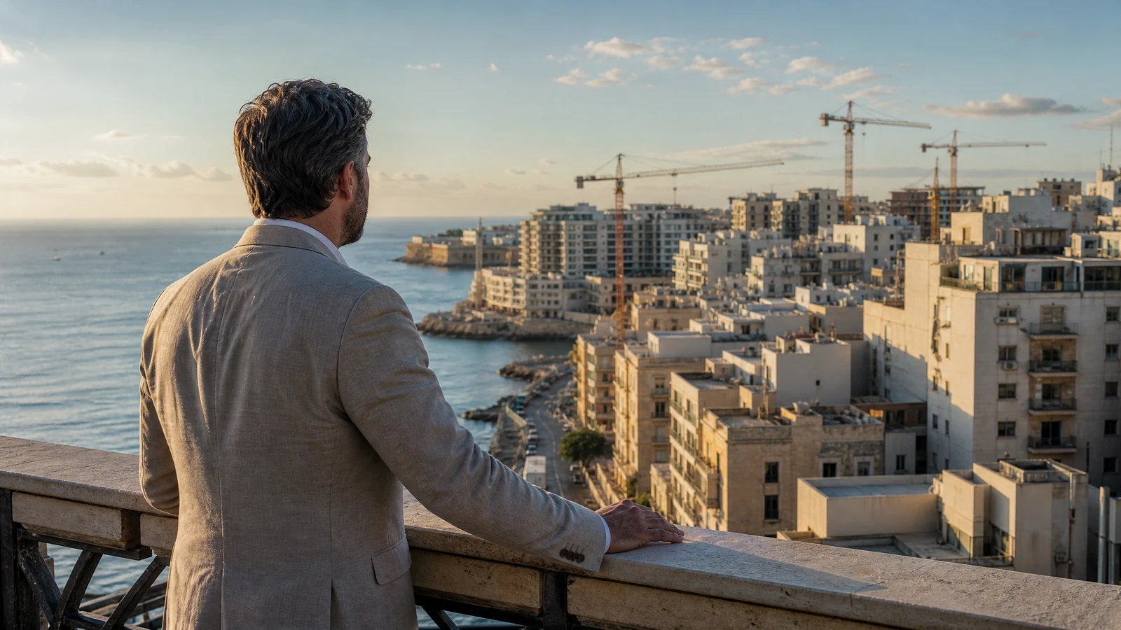 Resident looking out over the dense St Julian's and Sliema skyline in Malta, golden limestone and construction cranes in the distance