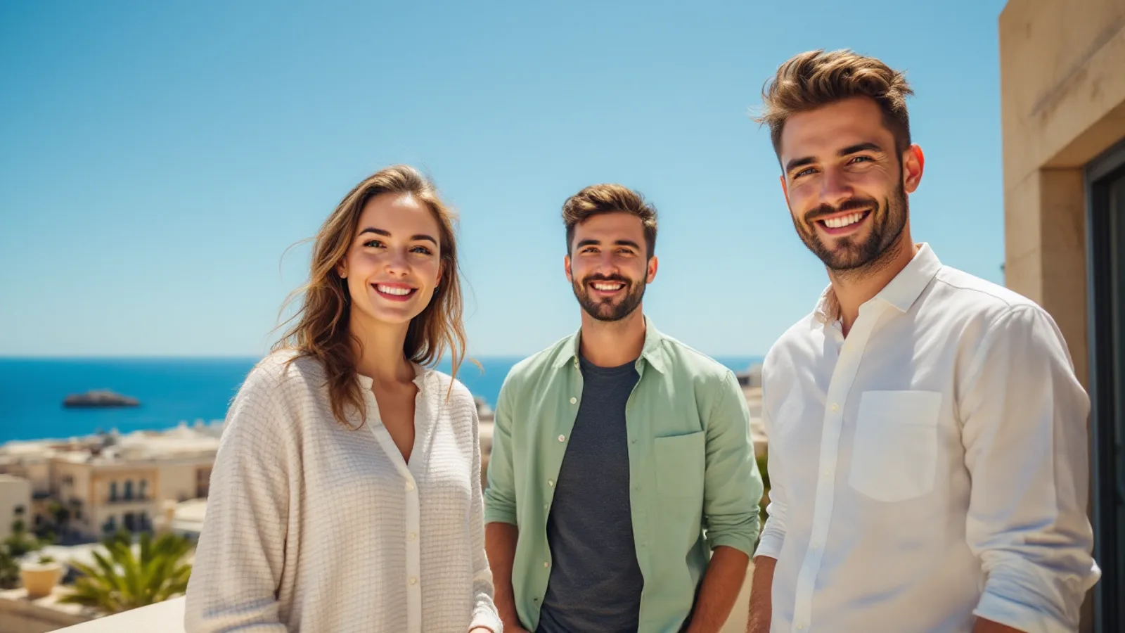 A smiling young founding team of one woman and two men stands on a sunny limestone rooftop terrace above a Maltese seafront town.