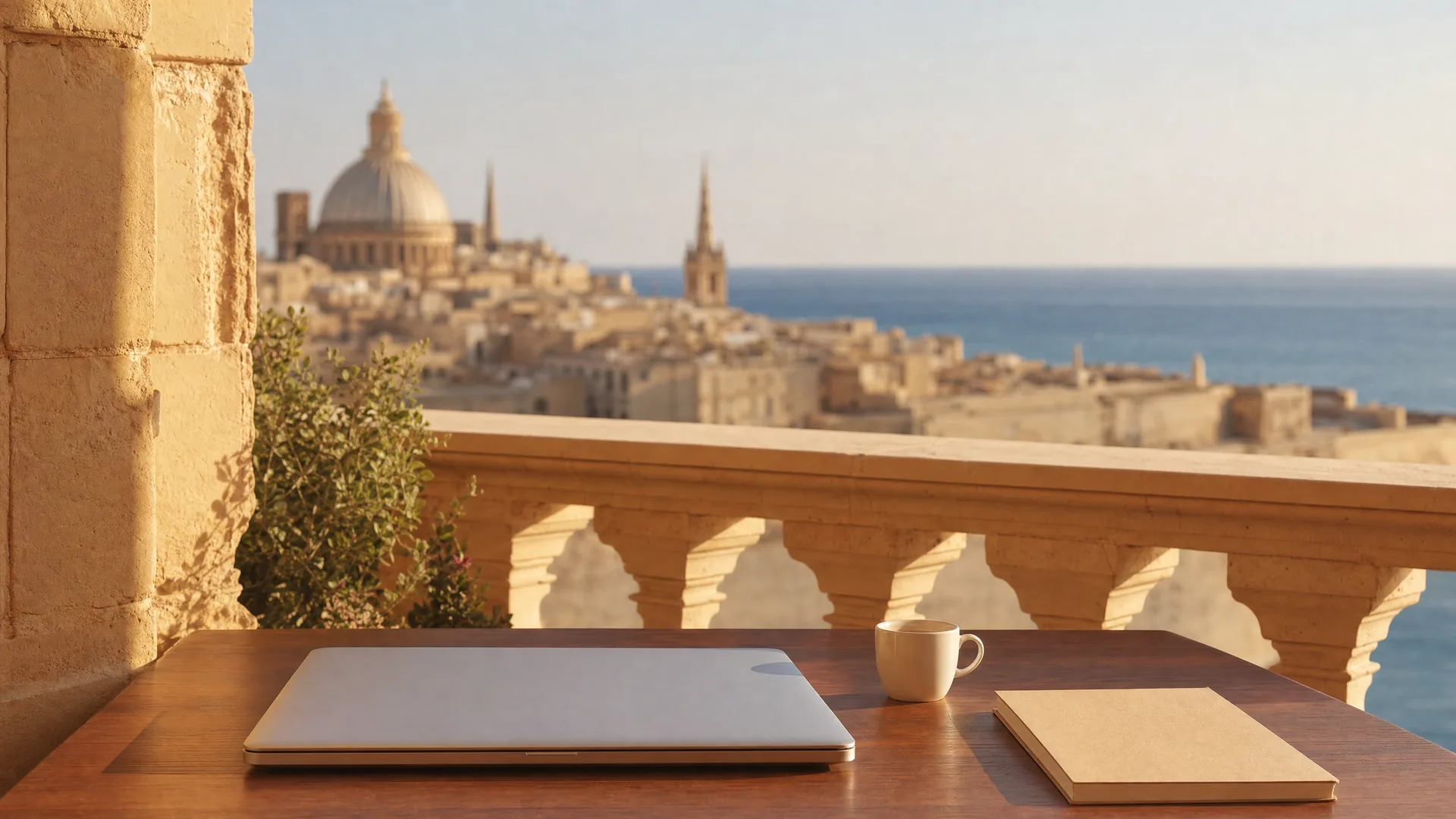 Empty desk on a Valletta balcony overlooking the Malta skyline, illustrating Malta's corporate tax structure.