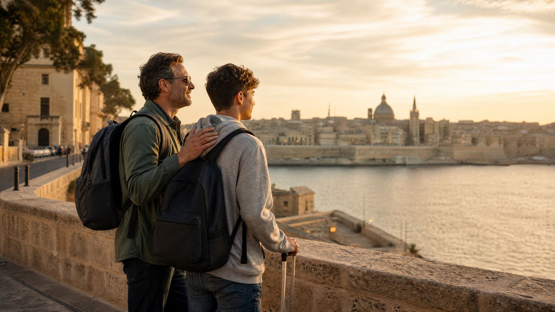 A father and son arriving in Malta in warm Mediterranean light, suitcases in hand