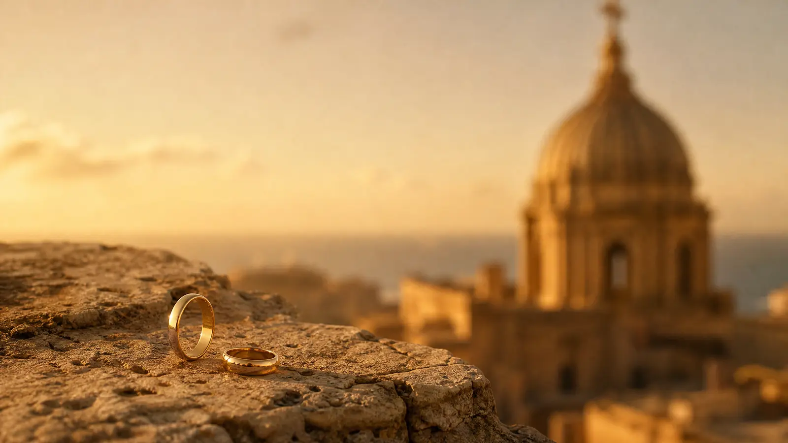 Two wedding rings resting on weathered limestone with a Maltese church dome blurred in the golden evening light behind them.