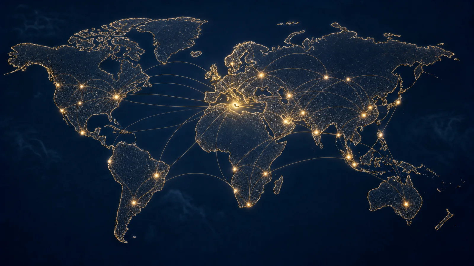 World map as golden network of lines on deep navy background, Malta highlighted at centre of Mediterranean, connections spreading globally