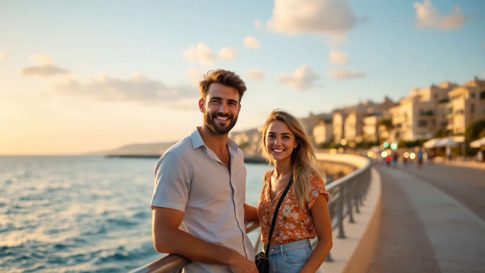 A man and a woman smile at the camera by the railing of a sunlit seafront promenade in Malta at golden hour.