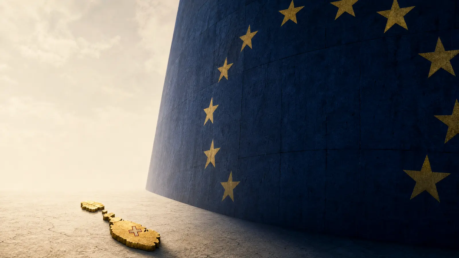 A small golden Maltese island silhouette stands facing a towering wall of EU stars, symbolising Malta's lone stand against an EU-wide tax.