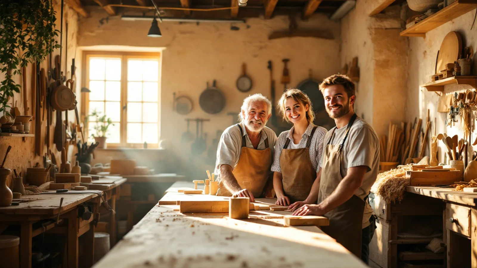 A grandfather, his daughter and his grandson in work aprons smile at their workbench in a sunlit carpentry workshop with limestone walls and hand tools.