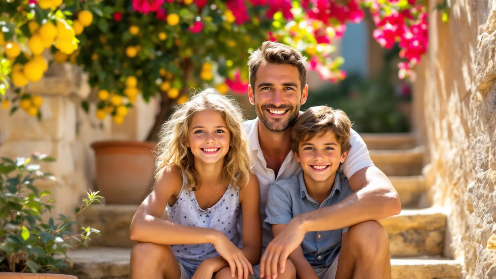 A smiling father with his daughter and son on limestone steps in a sunlit Maltese garden with bougainvillea and a lemon tree.