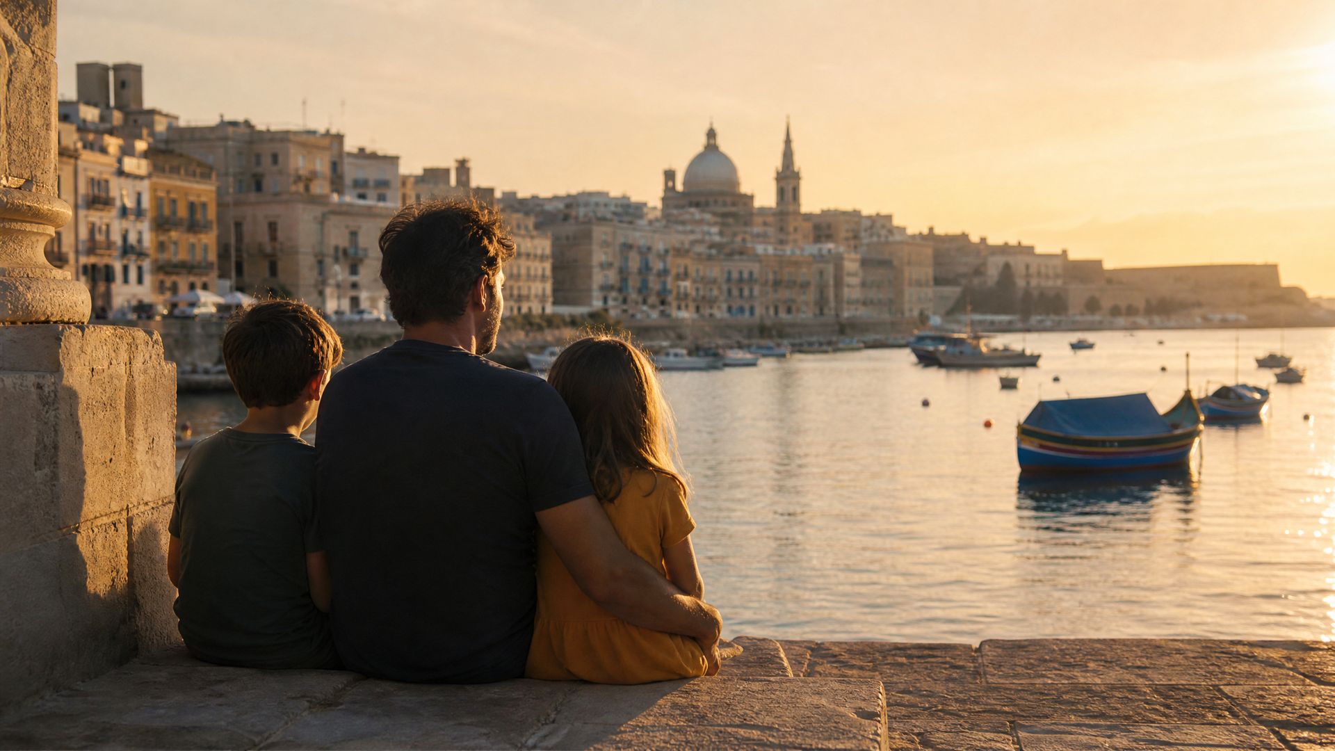 A father and his children sitting on limestone steps above a Maltese harbour at sunset, looking out to sea.