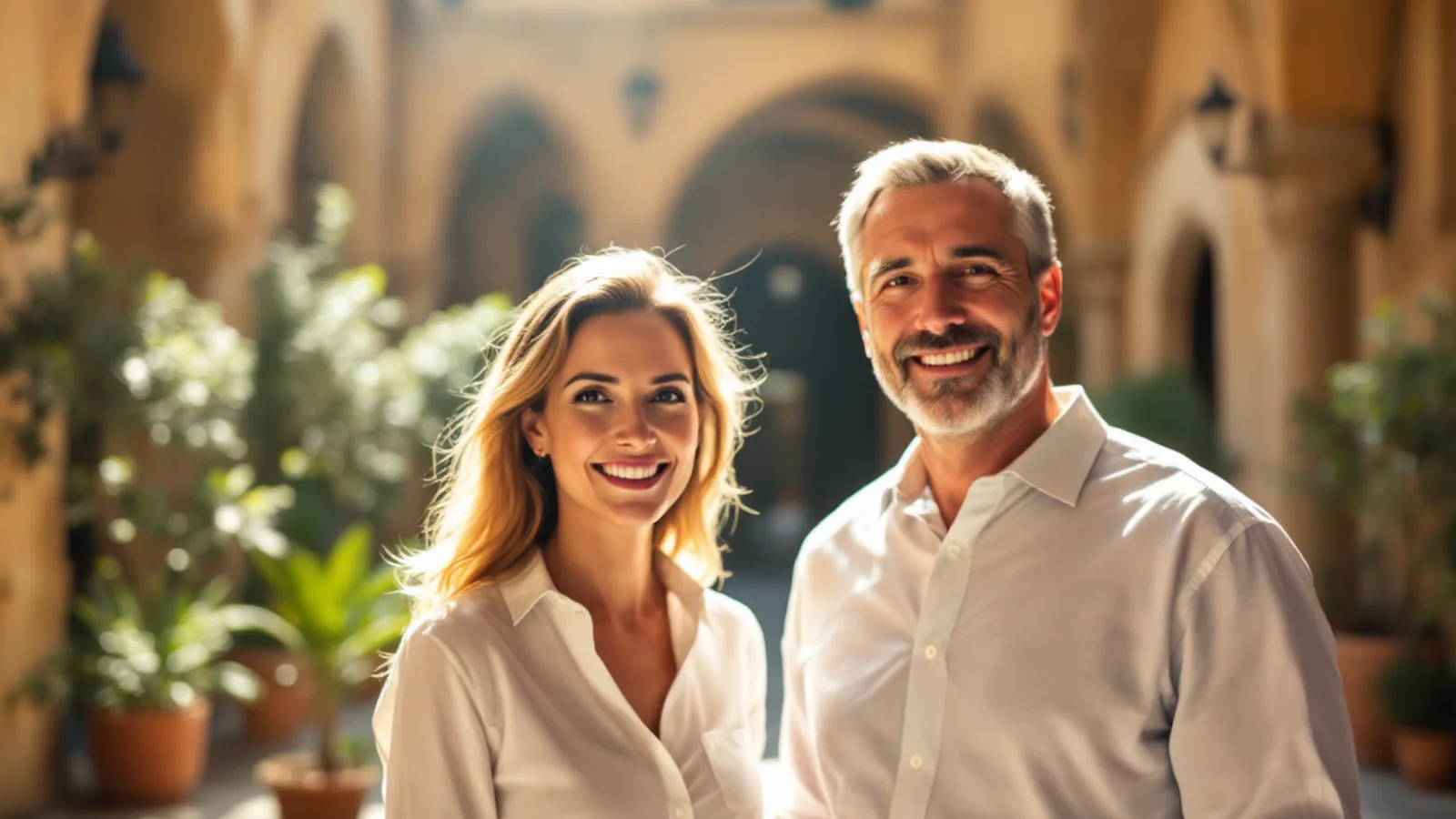 Two smiling professionals in white shirts stand in the sunlit arcaded courtyard of an old limestone palazzo with potted plants.