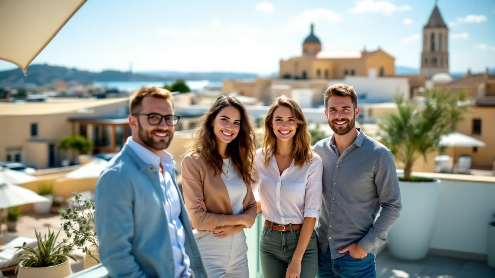 Four smiling colleagues stand on a sunny office roof terrace, the rooftops and church domes of a Maltese town behind them.