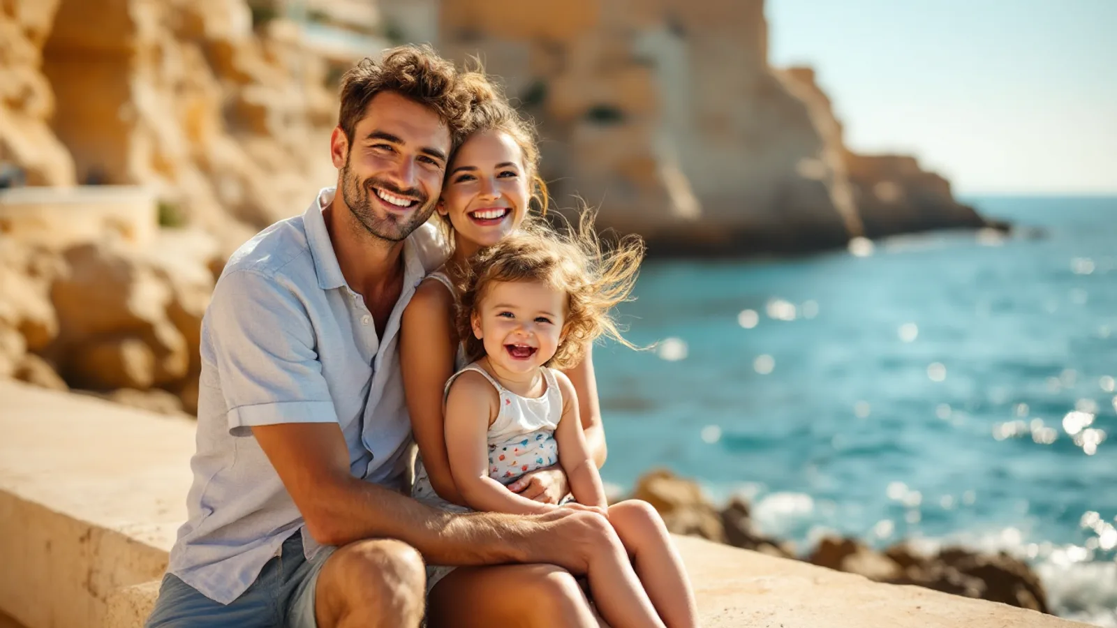 A young couple and their laughing toddler sit on a limestone sea wall by the sparkling Mediterranean.