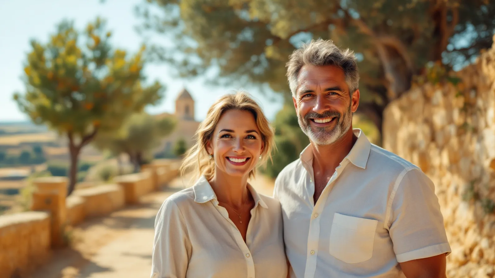 A smiling woman and a grey-bearded man in white linen shirts stand on a sunny country lane between golden stone walls and olive trees, a church dome far behind them.