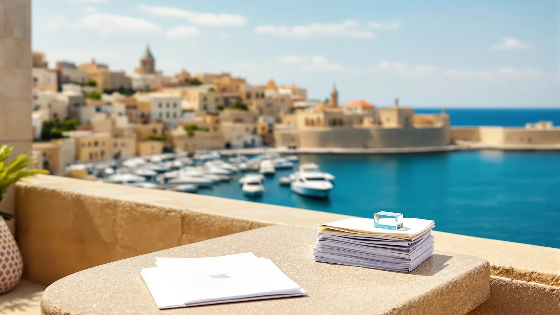 View from a limestone office terrace in Valletta over the Grand Harbour at midday, papers and a laptop on a stone table, deep blue Mediterranean beyond. Wide landscape format.