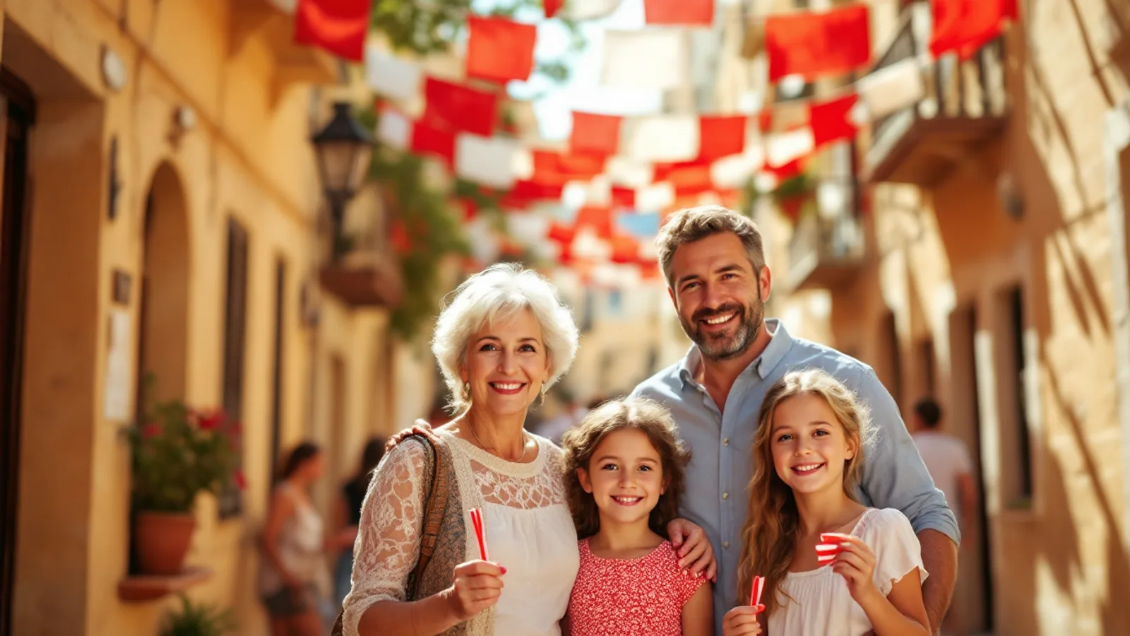 A grandmother, a father and two girls with red and white streamers smile in a village street hung with red and white bunting.