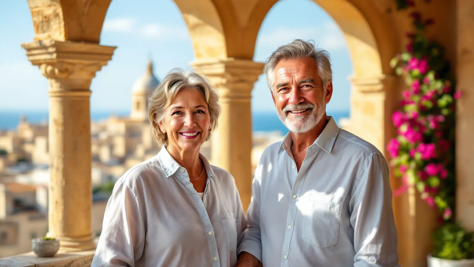 A smiling couple in their sixties stand in a sunlit limestone loggia, village rooftops, a church dome and magenta bougainvillea behind them.
