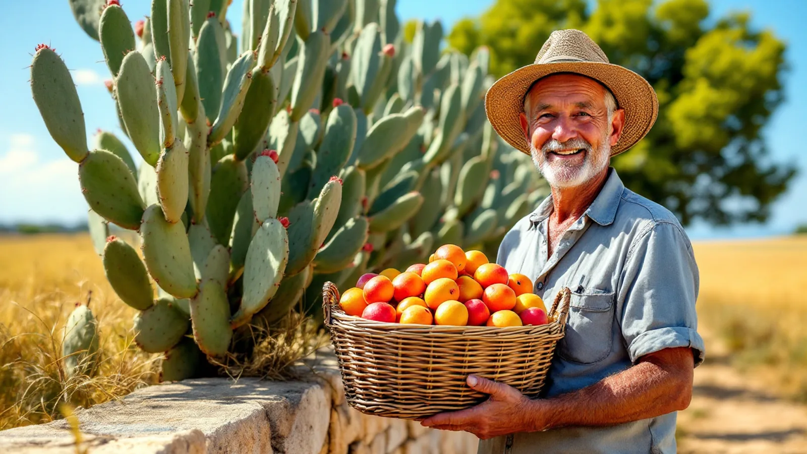 A smiling older man in a straw hat holds a basket of ripe fruit beside a prickly pear cactus hedge and a rubble wall.