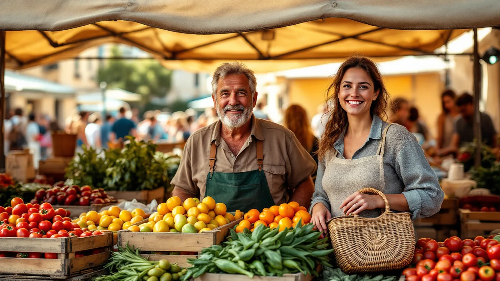A smiling stallholder and a woman with a woven basket stand behind crates of fresh vegetables at an open-air market in a Maltese town.