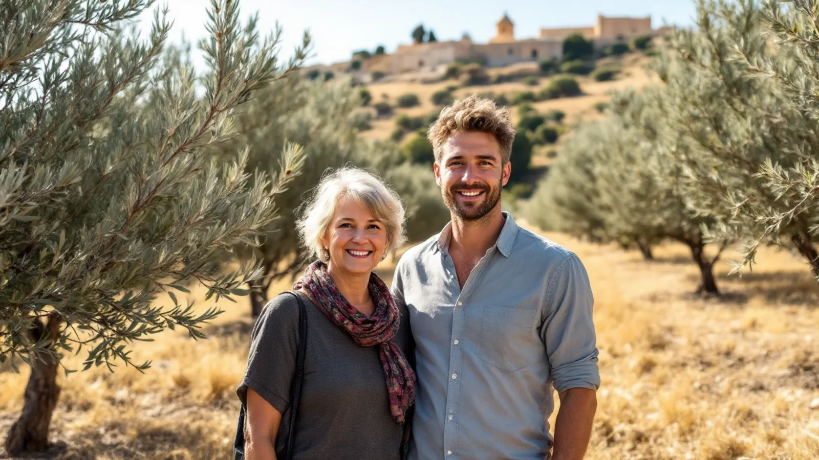 A smiling mother in her sixties and her adult son stand in a sunlit olive grove, with a Maltese village on the ridge behind them.