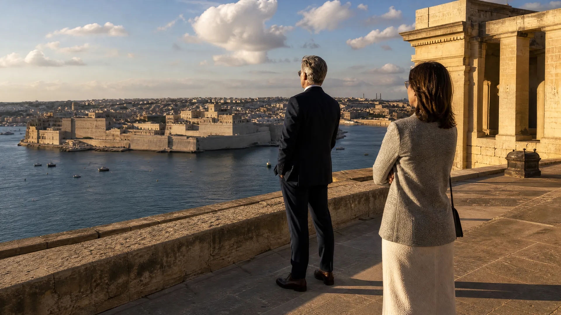 An affluent couple on Valletta’s limestone bastions at golden hour, the man gazing confidently over the Grand Harbour while his partner looks on more reservedly.