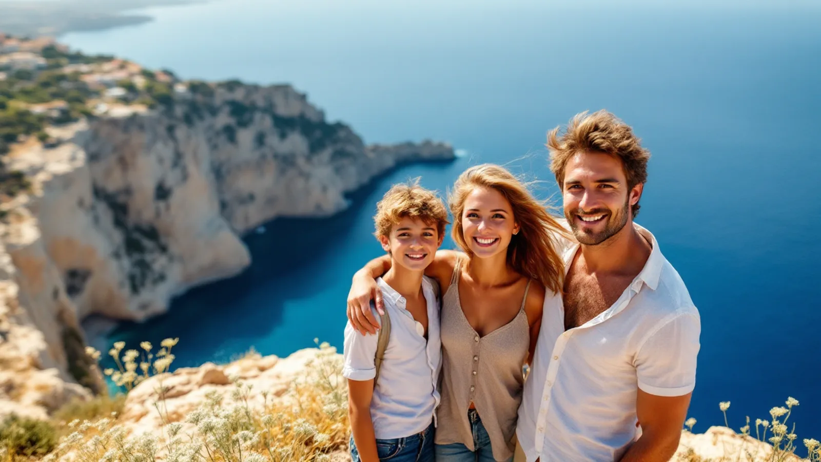 A smiling family of three stands on a high limestone clifftop, the deep blue sea and the coastline far below.