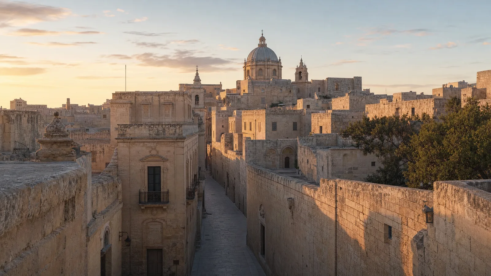 Mdina at dawn, ancient walled city on a Maltese hilltop, empty limestone lane, cathedral dome above honey-coloured palazzi, soft early morning light