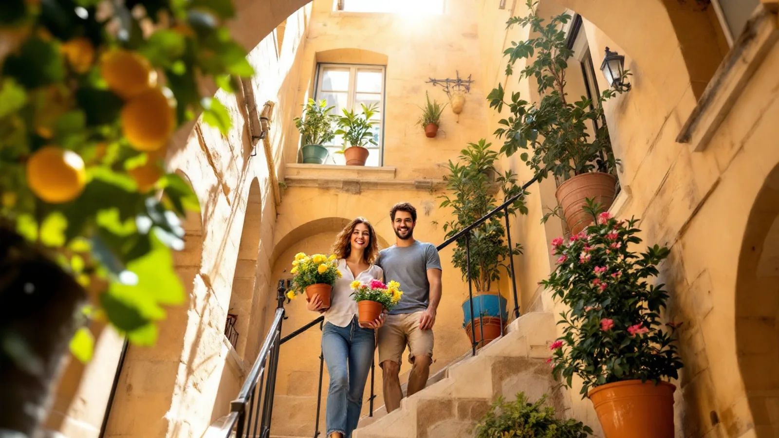 A smiling young couple carry flowering pots down a sunlit limestone staircase inside a traditional Maltese townhouse.