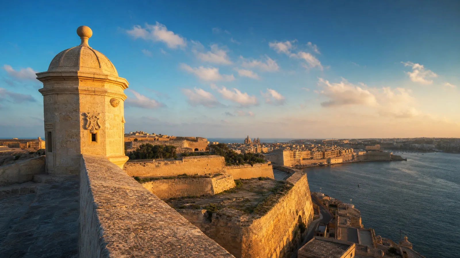 Aerial view of Valletta's Grand Harbour at golden hour, limestone bastions, superyacht at anchor, deep blue Mediterranean water